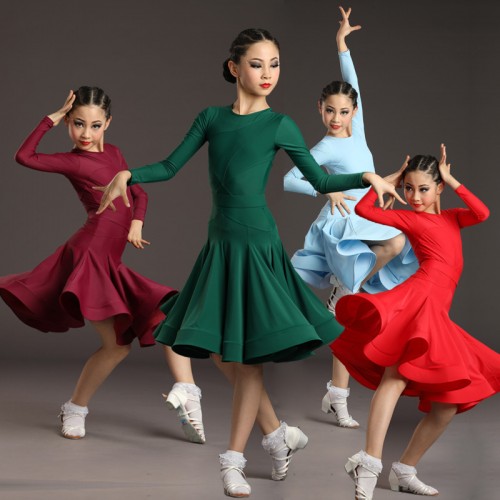 Children Girls red dark green wine blue Latin dance dresses competition latin clothes for children big skirted ballroom performance dress